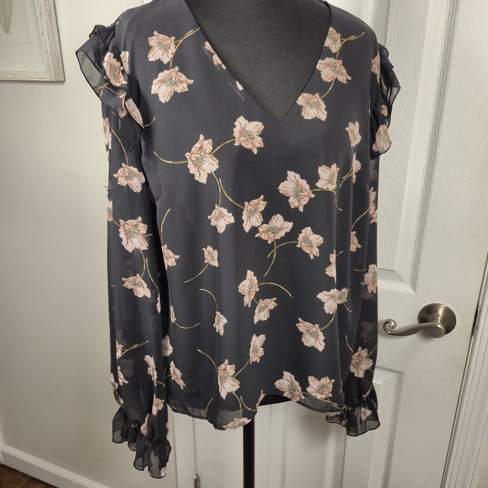 bar III Floral Ruffle V-Neck Sheer Long Sleeve Blouse Top L - Picture 4 of 7